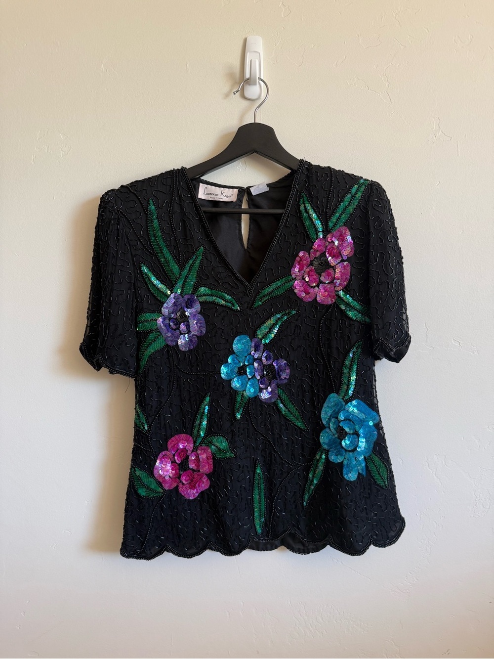 Laurence Kazar Vintage Black Beaded Sequin Floral Blouse 100% Silk